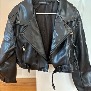 Lioness Cropped Black Moto Leather Jacket